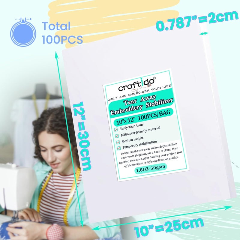craftido 12"x10" 100 Sheets Tear Away Embroidery Stabilizer Backing for 4x4 and 6x6 Hoops 1.8oz Medium Weight for Machine Embroidery and Hand Sewing - Image 2